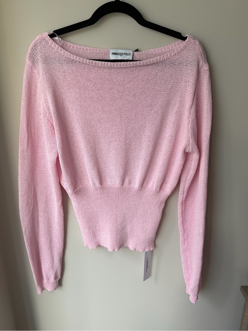 Princess Polly Light Pink Off-Shoulder Ribbed Waist Sweater